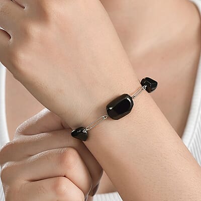 Elite Shungite Paper Clip Chain Station Bracelet in Rhodium Over Sterling Silver (7.50 In) 27.00 ctw