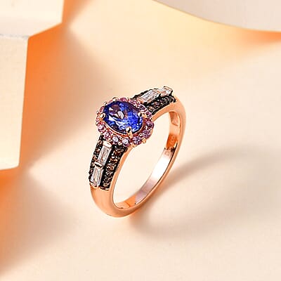 AAA Tanzanite and Multi Gemstone Kephi Ring in 18K Vermeil Rose Gold Over Sterling Silver (Size 10.0) 1.65 ctw