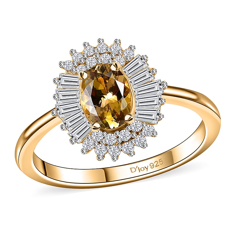Golden Tanzanite and White Zircon Sunburst Ring in 18K Vermeil Yellow Gold Over Sterling Silver (Size 10.0) 1.65 ctw