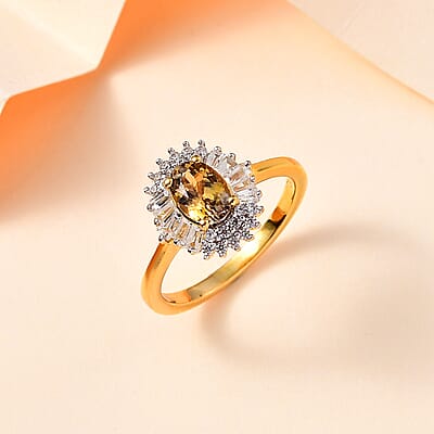 Golden Tanzanite and White Zircon Sunburst Ring in 18K Vermeil Yellow Gold Over Sterling Silver (Size 10.0) 1.65 ctw