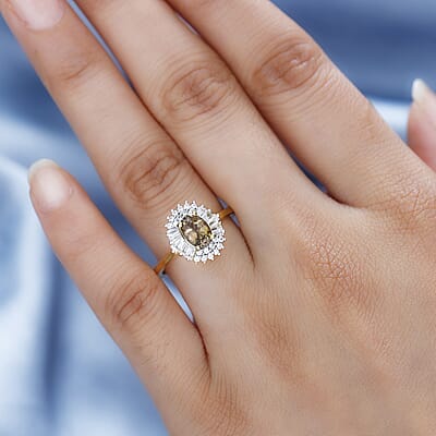 Golden Tanzanite and White Zircon Sunburst Ring in 18K Vermeil Yellow Gold Over Sterling Silver (Size 10.0) 1.65 ctw