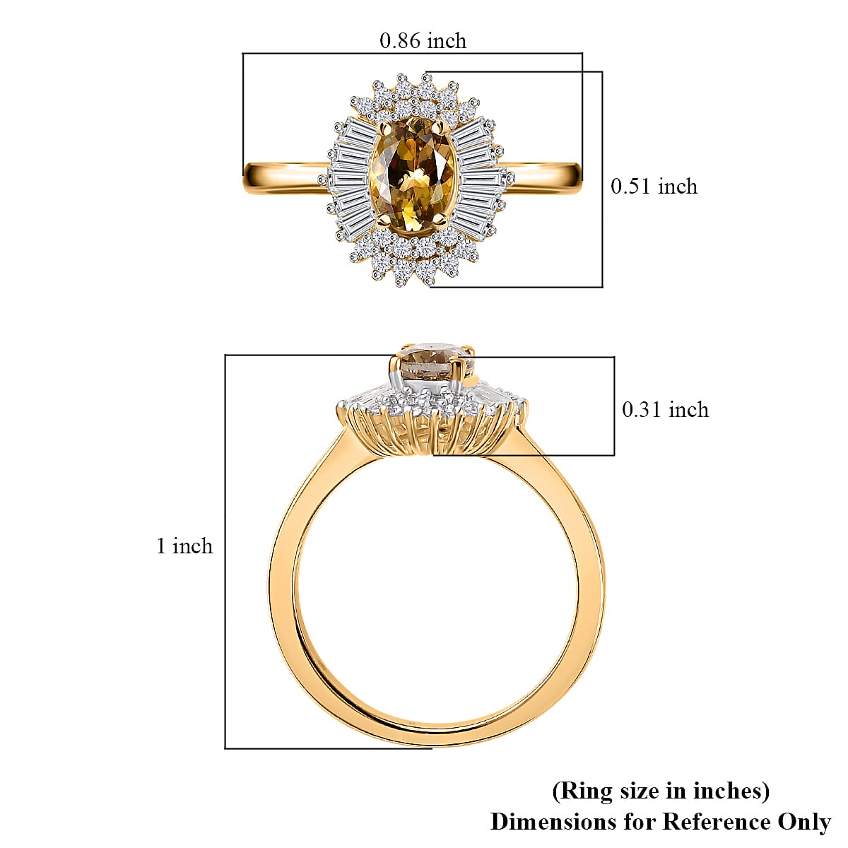 Golden Tanzanite and White Zircon Sunburst Ring in 18K Vermeil Yellow Gold Over Sterling Silver (Size 10.0) 1.65 ctw