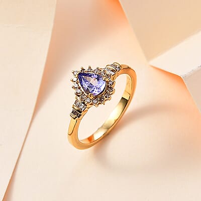 Green Tanzanite and Yellow Diamond Northern Light Ring in 18K Vermeil Yellow Gold Over Sterling Silver (Size 6.0) 0.90 ctw