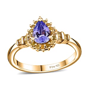 Green Tanzanite and Yellow Diamond Northern Light Ring in 18K Vermeil Yellow Gold Over Sterling Silver (Size 7.0) 0.90 ctw