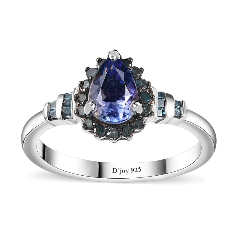 Peacock Tanzanite and Blue Diamond Northern Light Ring in Rhodium Over Sterling Silver (Size 6.0) 0.90 ctw