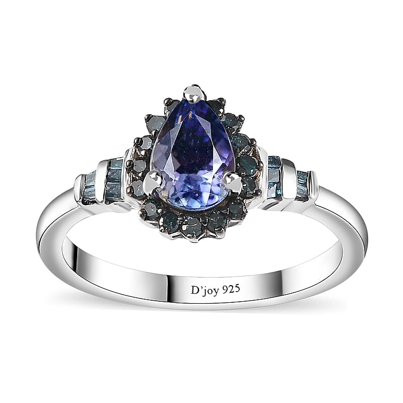 Peacock Tanzanite and Blue Diamond Northern Light Ring in Rhodium Over Sterling Silver (Size 6.0) 0.90 ctw