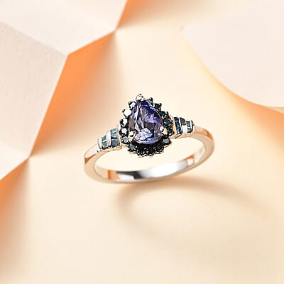 Peacock Tanzanite and Blue Diamond Northern Light Ring in Rhodium Over Sterling Silver (Size 6.0) 0.90 ctw