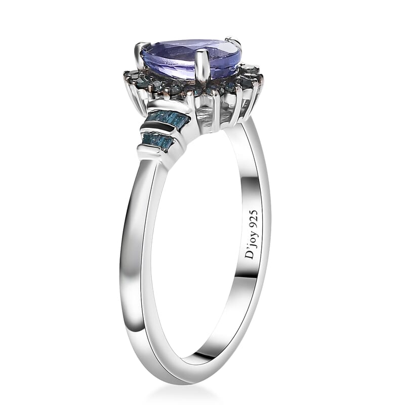 Peacock Tanzanite and Blue Diamond Northern Light Ring in Rhodium Over Sterling Silver (Size 6.0) 0.90 ctw