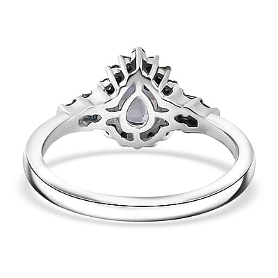 Peacock Tanzanite and Blue Diamond Northern Light Ring in Rhodium Over Sterling Silver (Size 6.0) 0.90 ctw