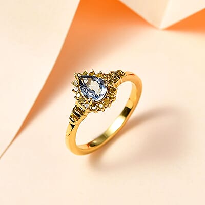Tanzanite and Natural Champagne Diamond Northern Lights Ring in 18K Vermeil Yellow Gold Over Sterling Silver (Size 7.0) 0.85 ctw