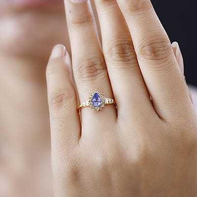 Tanzanite and Natural Champagne Diamond Northern Lights Ring in 18K Vermeil Yellow Gold Over Sterling Silver (Size 7.0) 0.85 ctw