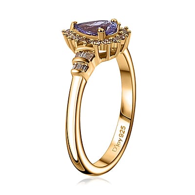 Tanzanite and Natural Champagne Diamond Northern Lights Ring in 18K Vermeil Yellow Gold Over Sterling Silver (Size 7.0) 0.85 ctw