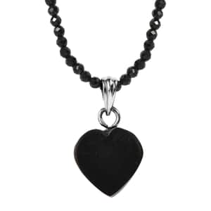 Elite Shungite Heart Pendant with Thai Black Spinel Beaded Necklace 18-20 Inches in Rhodium Over Sterling Silver 31.00 ctw