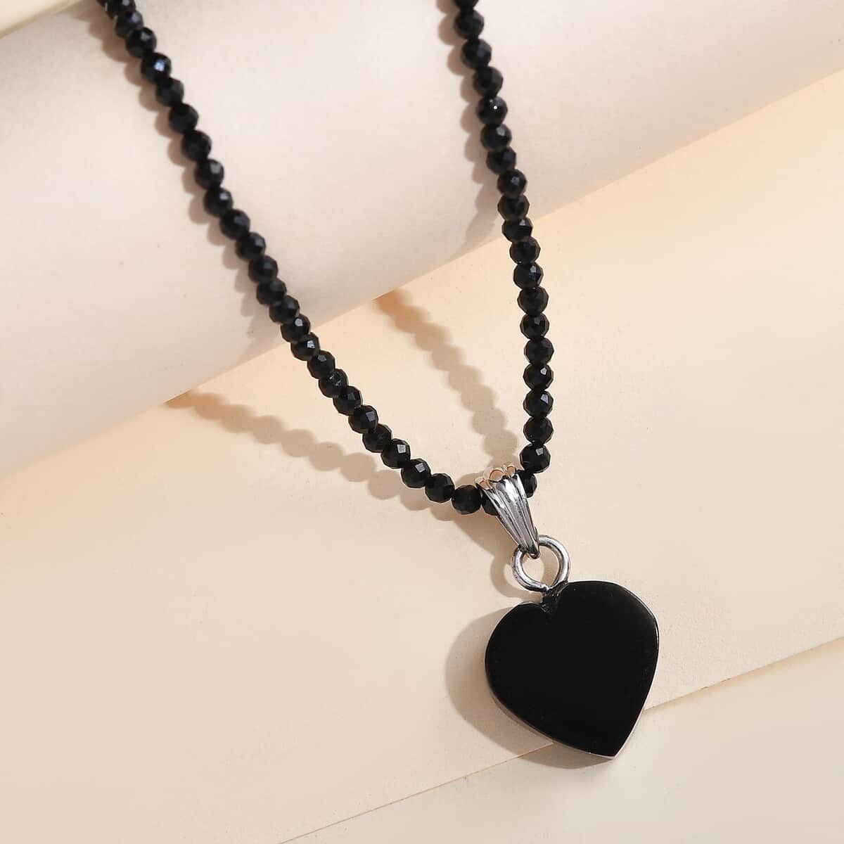 Elite Shungite Heart Pendant with Thai Black Spinel Beaded Necklace 18-20 Inches in Rhodium Over Sterling Silver 31.00 ctw image number 1