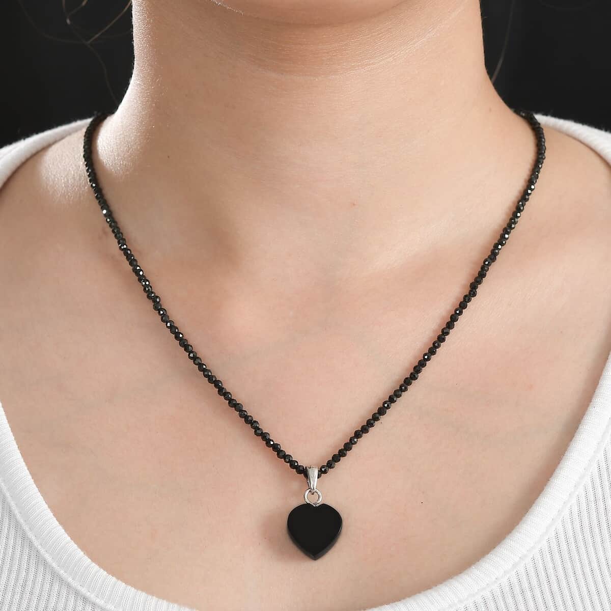 Elite Shungite Heart Pendant with Thai Black Spinel Beaded Necklace 18-20 Inches in Rhodium Over Sterling Silver 31.00 ctw image number 2