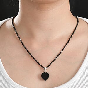 Elite Shungite Heart Pendant with Thai Black Spinel Beaded Necklace 18-20 Inches in Rhodium Over Sterling Silver 31.00 ctw