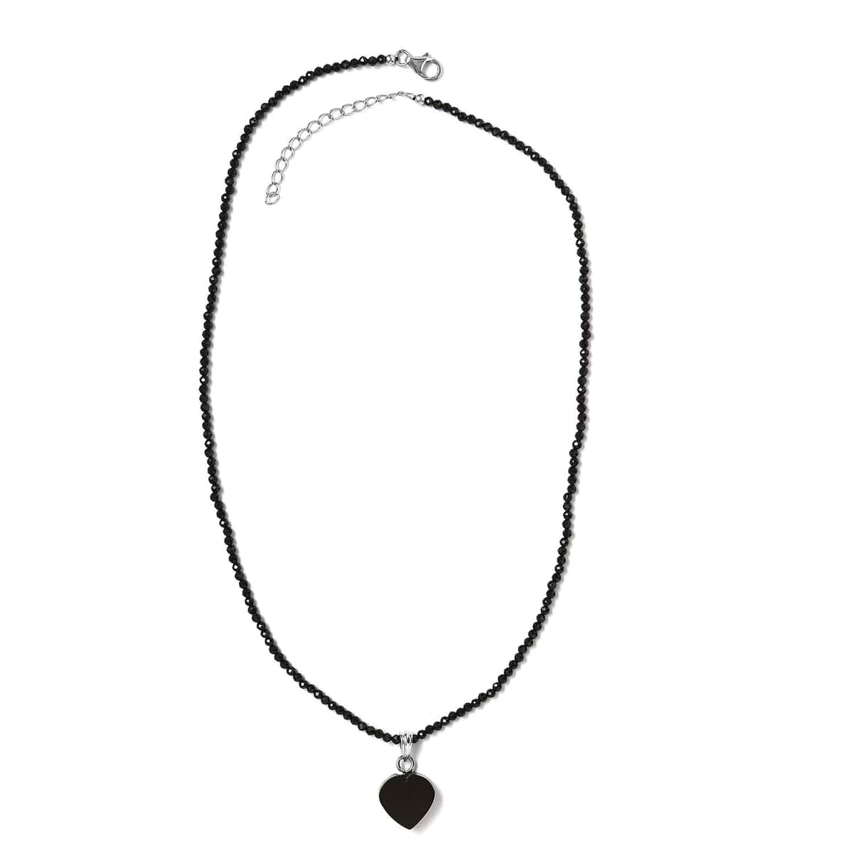 Elite Shungite Heart Pendant with Thai Black Spinel Beaded Necklace 18-20 Inches in Rhodium Over Sterling Silver 31.00 ctw image number 3