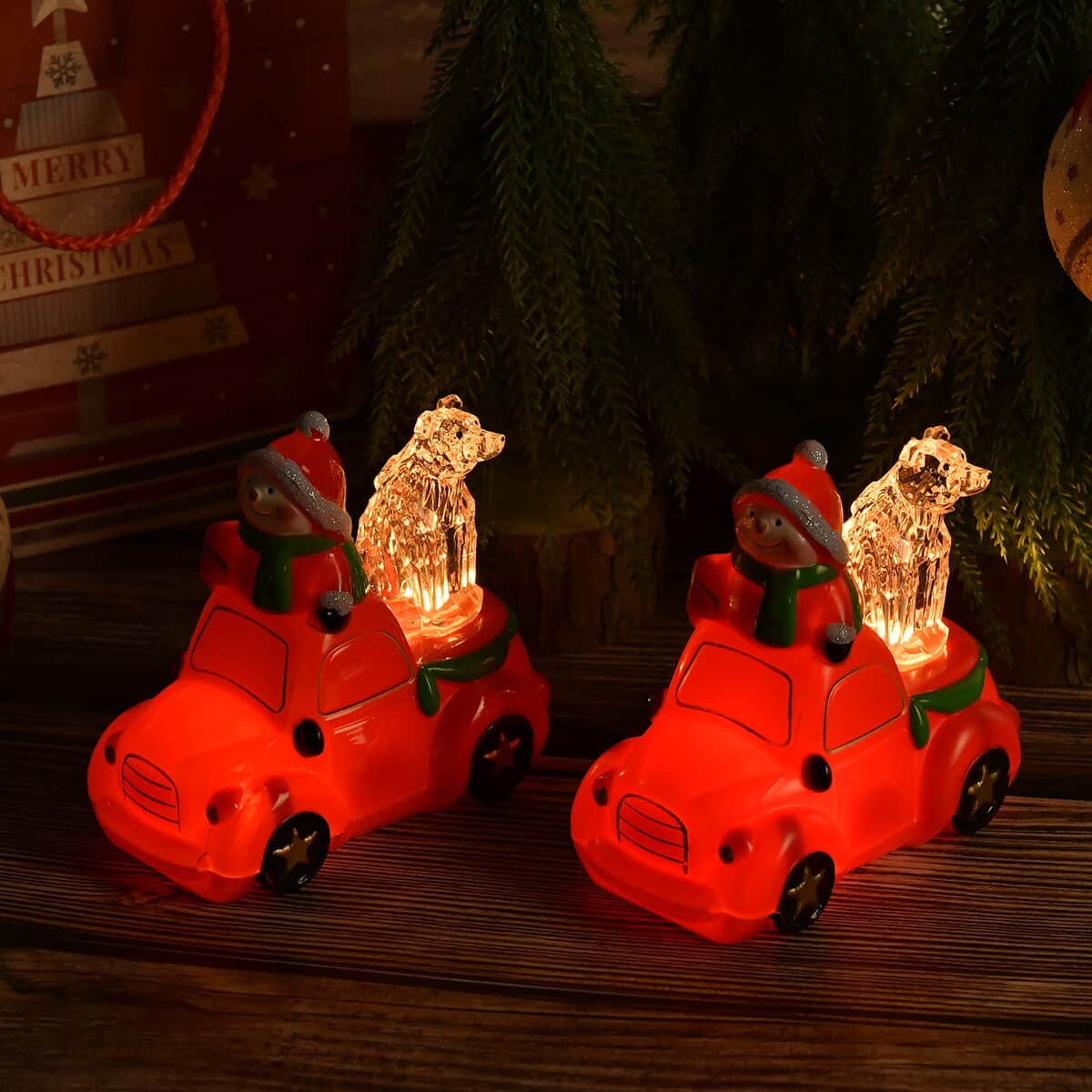 Set of 2 Red Christmas Decor Snowman Car image number 1