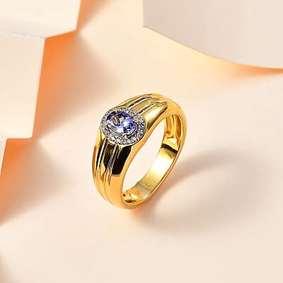 Peacock Tanzanite and White Zircon Men's Ring in 18K Vermeil Yellow Gold Over Sterling Silver (Size 9.0) 0.80 ctw