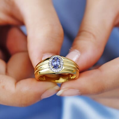 Peacock Tanzanite and White Zircon Men's Ring in 18K Vermeil Yellow Gold Over Sterling Silver (Size 9.0) 0.80 ctw