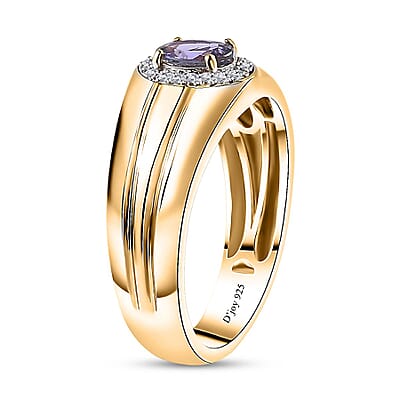 Peacock Tanzanite and White Zircon Men's Ring in 18K Vermeil Yellow Gold Over Sterling Silver (Size 9.0) 0.80 ctw