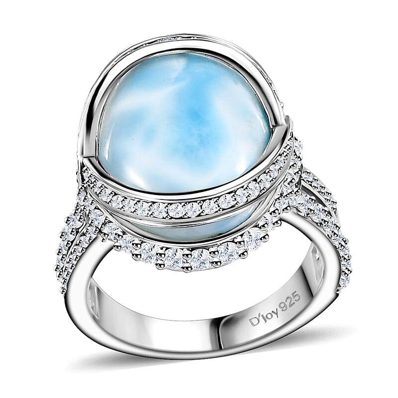 Larimar and White Zircon Ring in Rhodium Over Sterling Silver (Size 10.0) 13.10 ctw