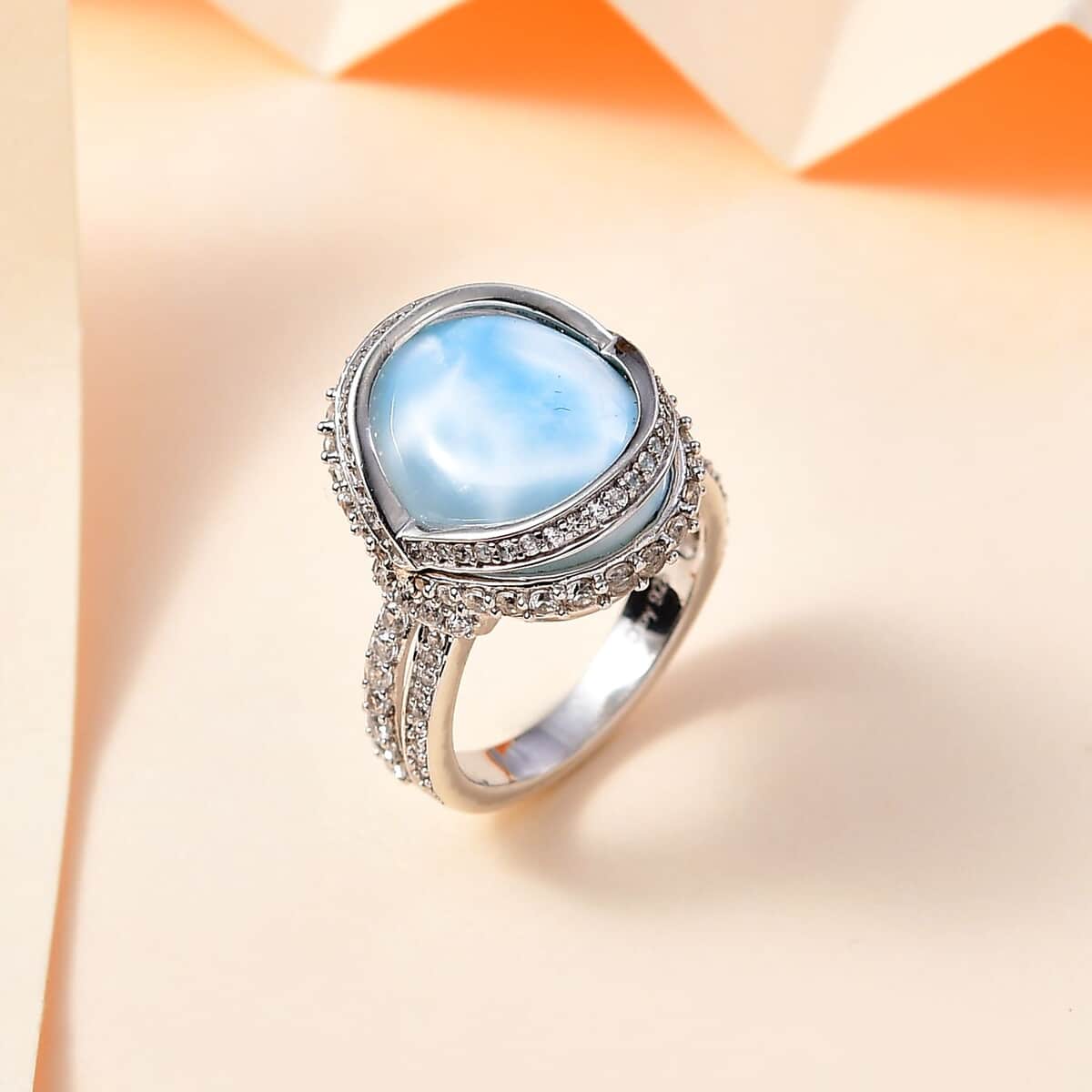 Premium Larimar, White Zircon Ring in Rhodium Over Sterling Silver (Size 10.0) 13.10 ctw image number 1