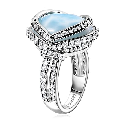 Larimar and White Zircon Ring in Rhodium Over Sterling Silver (Size 10.0) 13.10 ctw