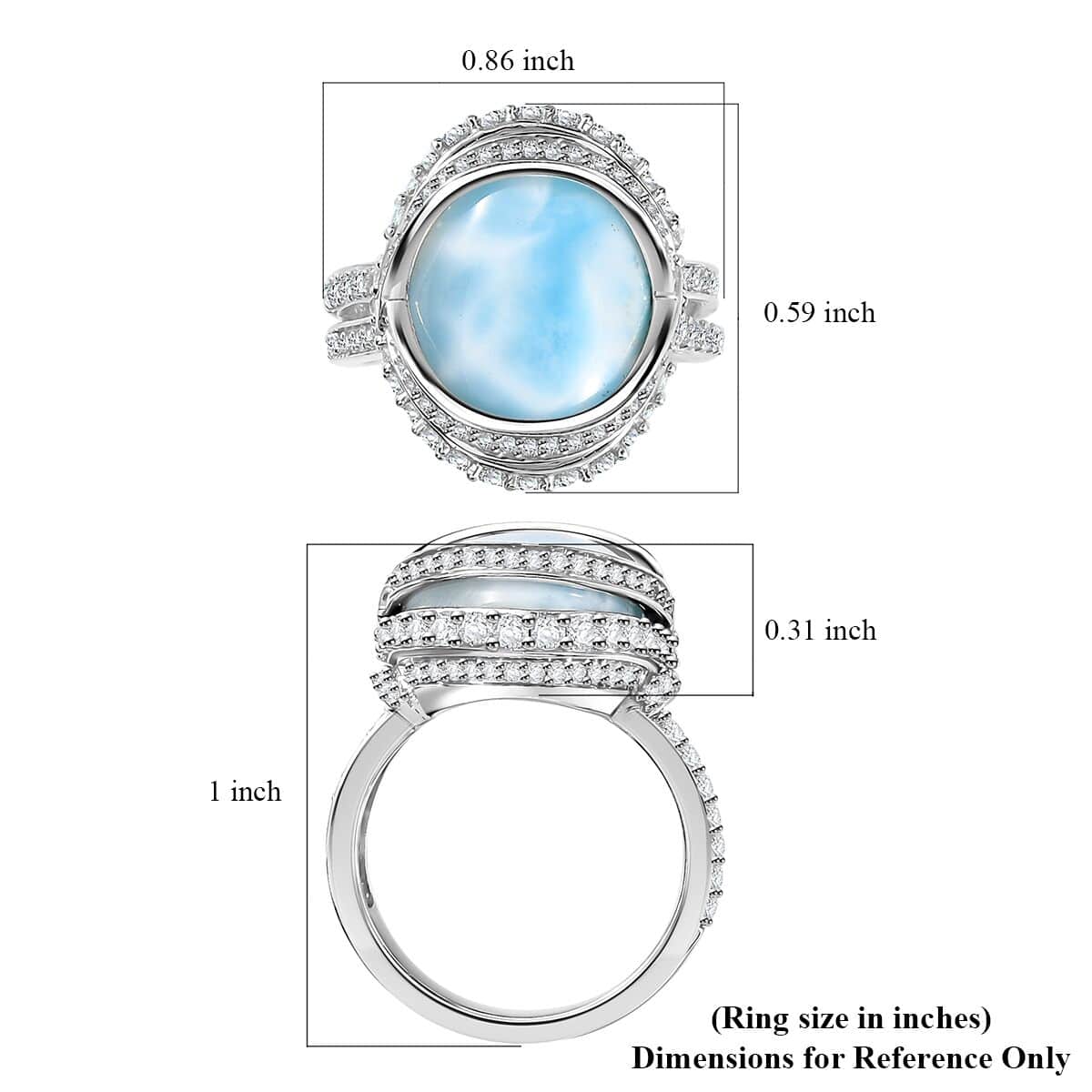 Premium Larimar, White Zircon Ring in Rhodium Over Sterling Silver (Size 10.0) 13.10 ctw image number 5