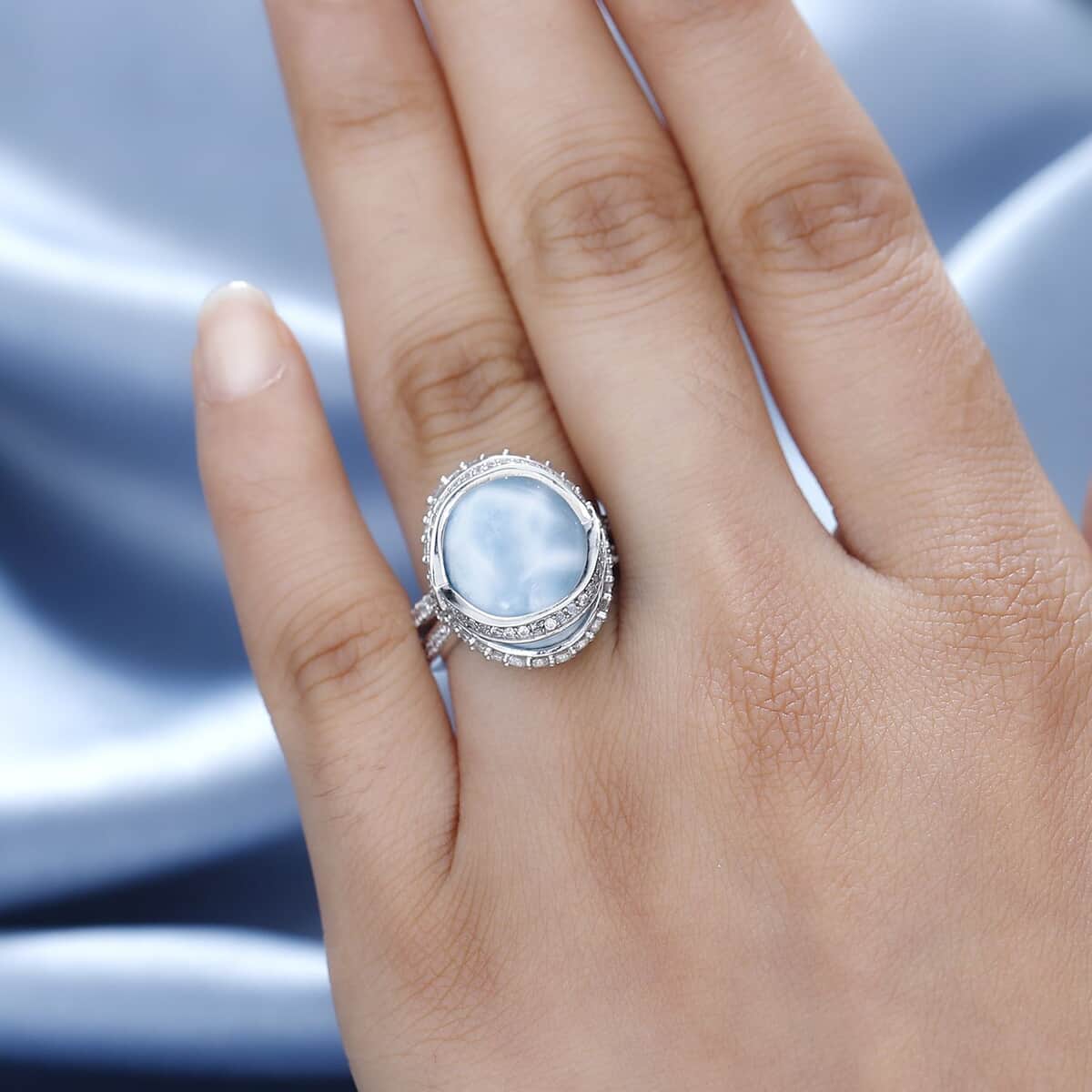 Larimar and White Zircon Ring in Rhodium Over Sterling Silver (Size 7.0) 13.10 ctw image number 2