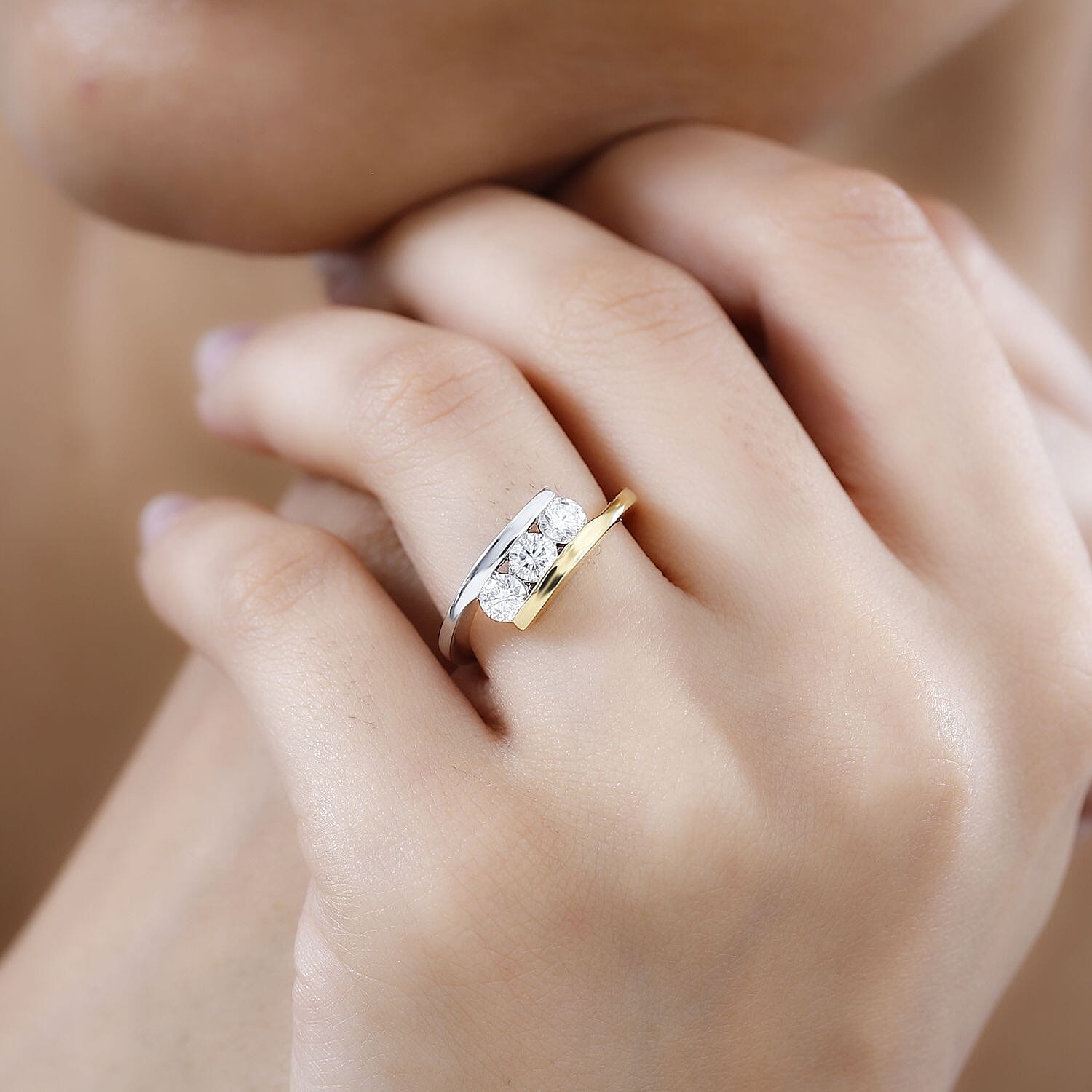 Moissanite 0.67 ctw 3 Stone Ring in Vermeil Yellow Gold Over Sterling Silver (Size 11.5)