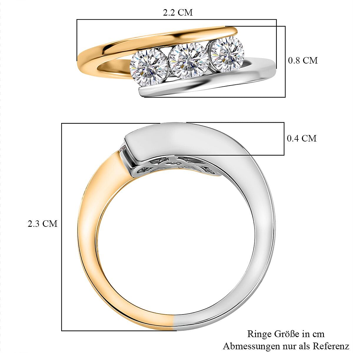 Moissanite 0.67 ctw 3 Stone Ring in Vermeil Yellow Gold Over Sterling Silver (Size 11.5)