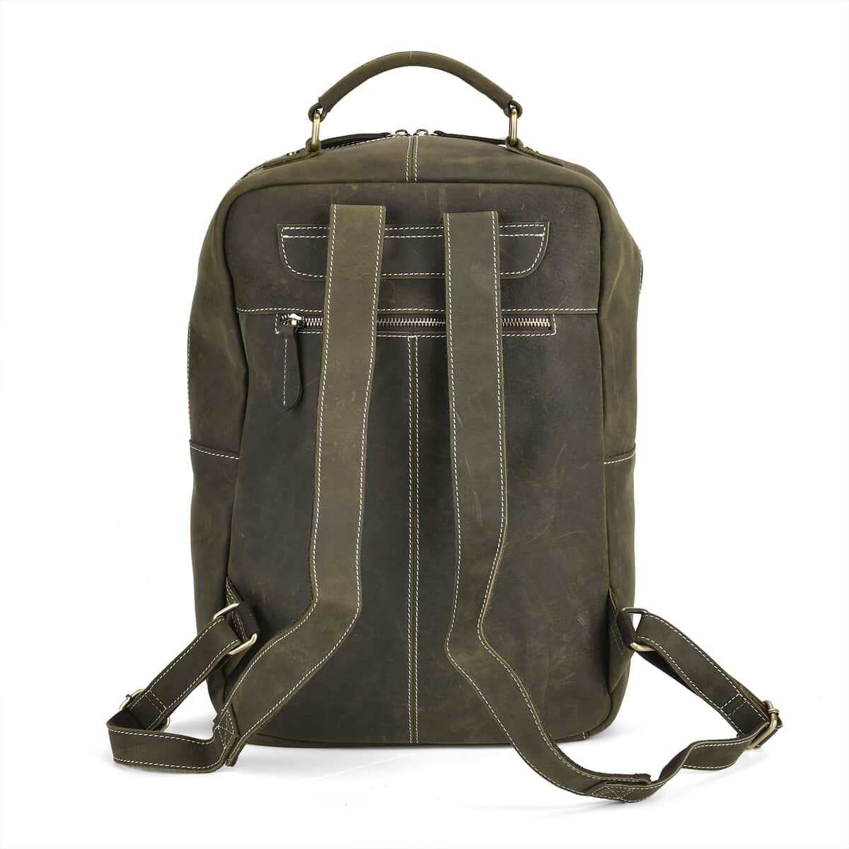 Italy Retro Noble Collection Army Green Genuine Leather Backpack Bag With Handle Drop and Adjustable Double Shoulder Strap image number 5