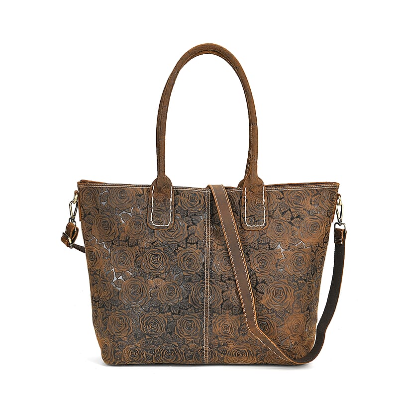 Italy Retro Noble Collection Brown Color Rose Embossed Genuine Leather Tote Bag with Handle Drop and Shoulder Strap