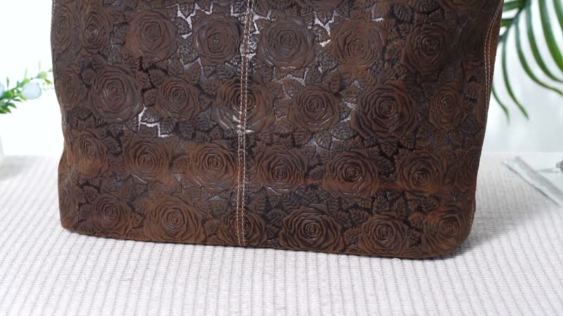 Italy Retro Noble Collection Brown Color Rose Embossed Genuine Leather Tote Bag (19.7"x14"x13.4") with Handle Drop and Shoulder Strap (51")