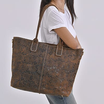 Italy Retro Noble Collection Brown Color Rose Embossed Genuine Leather Tote Bag with Handle Drop and Shoulder Strap