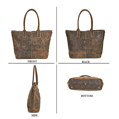 Italy Retro Noble Collection Brown Color Rose Embossed Genuine Leather Tote Bag with Handle Drop and Shoulder Strap