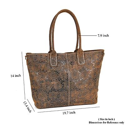Italy Retro Noble Collection Brown Color Rose Embossed Genuine Leather Tote Bag with Handle Drop and Shoulder Strap