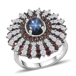 Blue Star Sapphire (DF), Brown and White Zircon Star Ray Ring in Platinum Over Sterling Silver (Size 10.0) 7.40 ctw