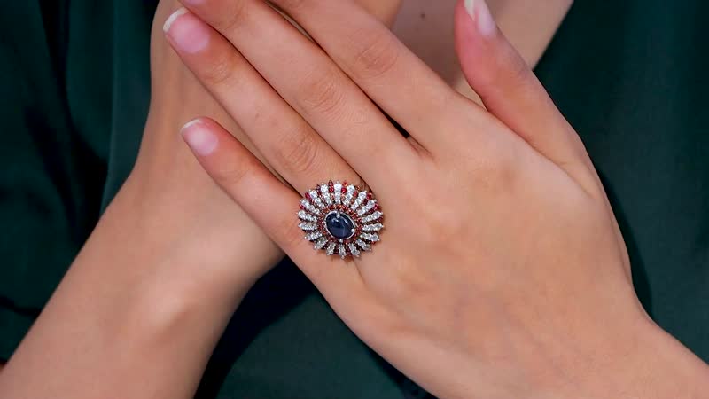 Blue Star Sapphire (DF), Brown and White Zircon Ring in Platinum Over Sterling Silver (Size 6) 7.40 ctw