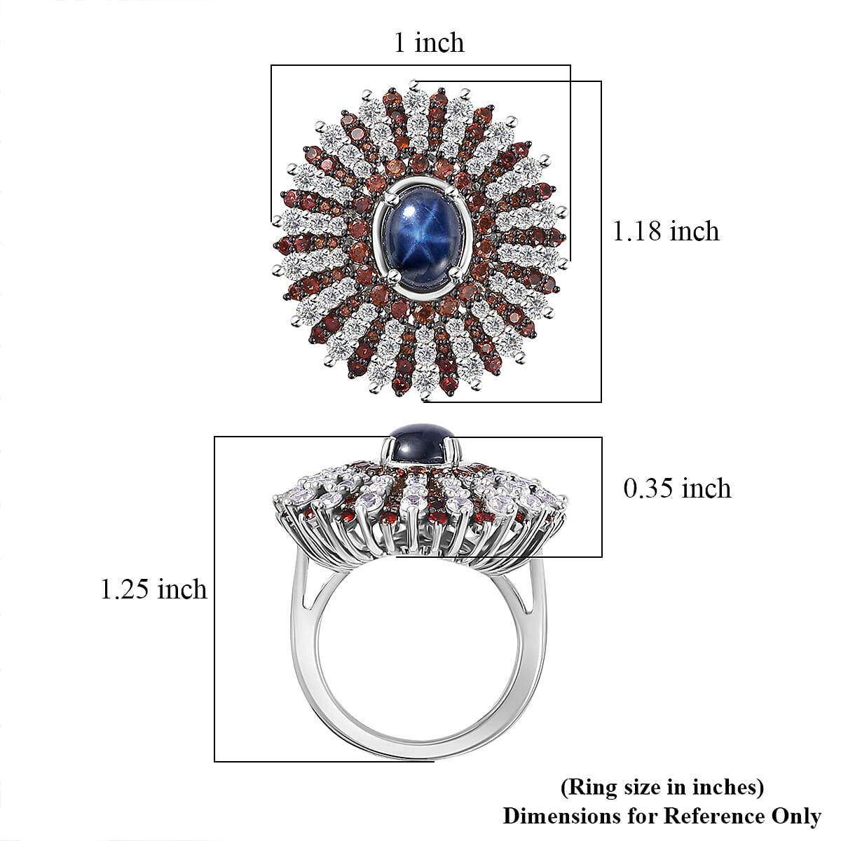 Blue Star Sapphire (DF), Brown and White Zircon Star Ray Ring in Platinum Over Sterling Silver (Size 10.0) 7.40 ctw