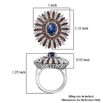 Blue Star Sapphire (DF), Brown and White Zircon Star Ray Ring in Platinum Over Sterling Silver (Size 10.0) 7.40 ctw