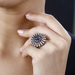 Blue Star Sapphire (DF), Brown and White Zircon Star Ray Ring in Platinum Over Sterling Silver (Size 5.0) 7.40 ctw