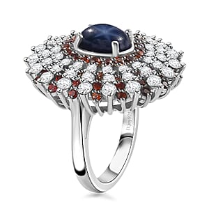 Blue Star Sapphire (DF), Brown and White Zircon Star Ray Ring in Platinum Over Sterling Silver (Size 5.0) 7.40 ctw