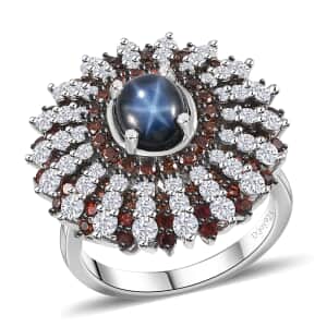 Blue Star Sapphire (DF), Brown and White Zircon Star Ray Ring in Platinum Over Sterling Silver (Size 7.0) 7.40 ctw