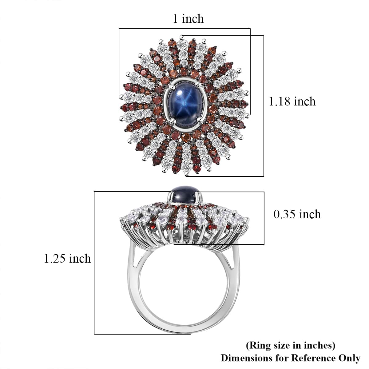 Blue Star Sapphire (DF), Brown and White Zircon Star Ray Ring in Platinum Over Sterling Silver (Size 7.0) 7.40 ctw image number 5