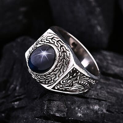 Bali Legacy Blue Star Sapphire (DF) Dragon Men's Ring in Sterling Silver (Size 10.0) 4.50 ctw
