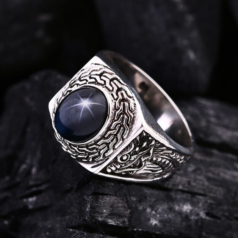 Bali Legacy Blue Star Sapphire (DF) Dragon Men's Ring in Sterling Silver (Size 10.0) 4.50 ctw