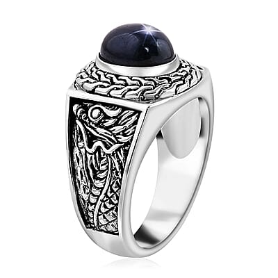 Bali Legacy Blue Star Sapphire (DF) Dragon Men's Ring in Sterling Silver (Size 10.0) 4.50 ctw