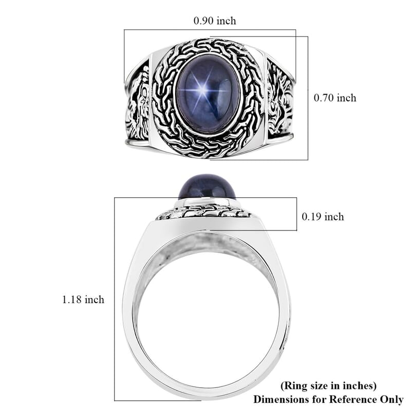 Bali Legacy Blue Star Sapphire (DF) Dragon Men's Ring in Sterling Silver (Size 10.0) 4.50 ctw